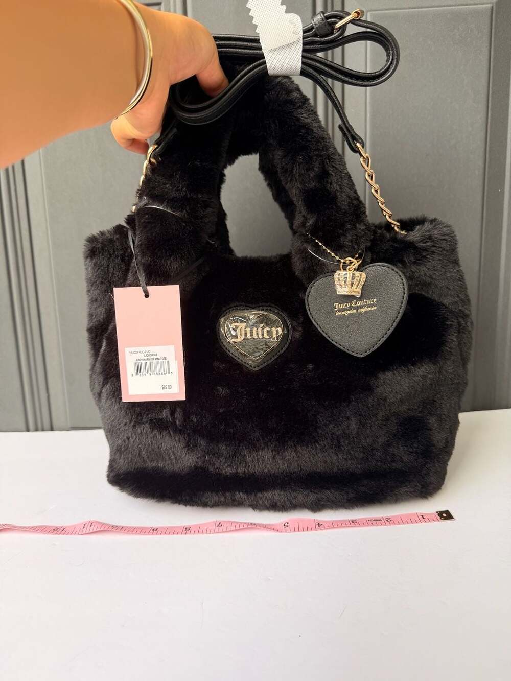 Juicy Couture Warm Up Faux Fur Black Liquorice Mini Tote Bag